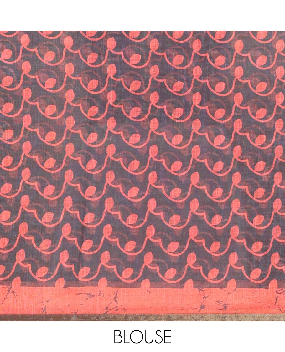 Black Linen Cotton Saree Highlighted with Batik-Style Fancy Vines Printed All Over Its Body, Simply Made with a Contrast Batik Printed Zari Border, Pallu of Stripes and Batik Print, and Paired with a Matching Blouse - Image 3