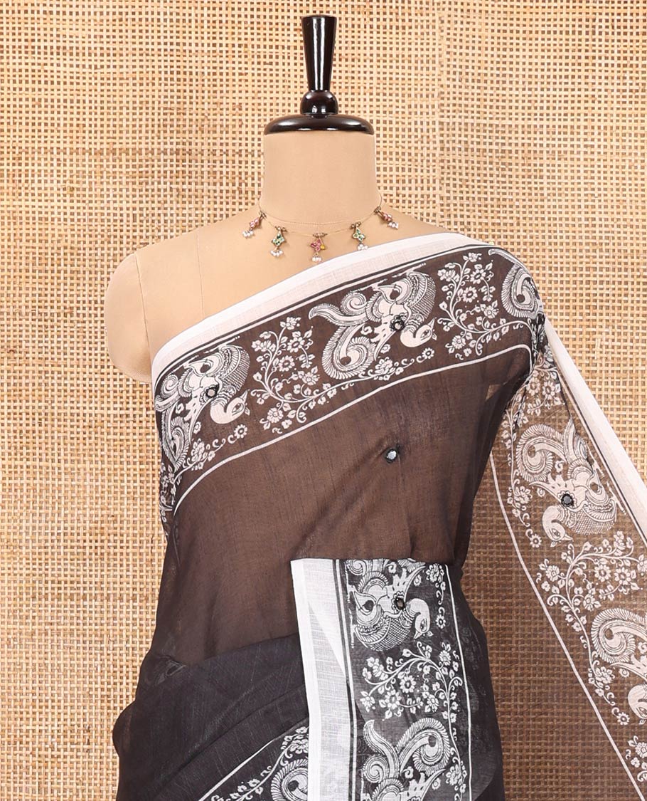 Black Linen Cotton Saree, Subtly Woven with Mirror Work On Its Body, Highlighted by Kalamkari Style Printed Border, Pallu of Kalamkari Peacock, and Paired with a Matching Blouse - Image 2
