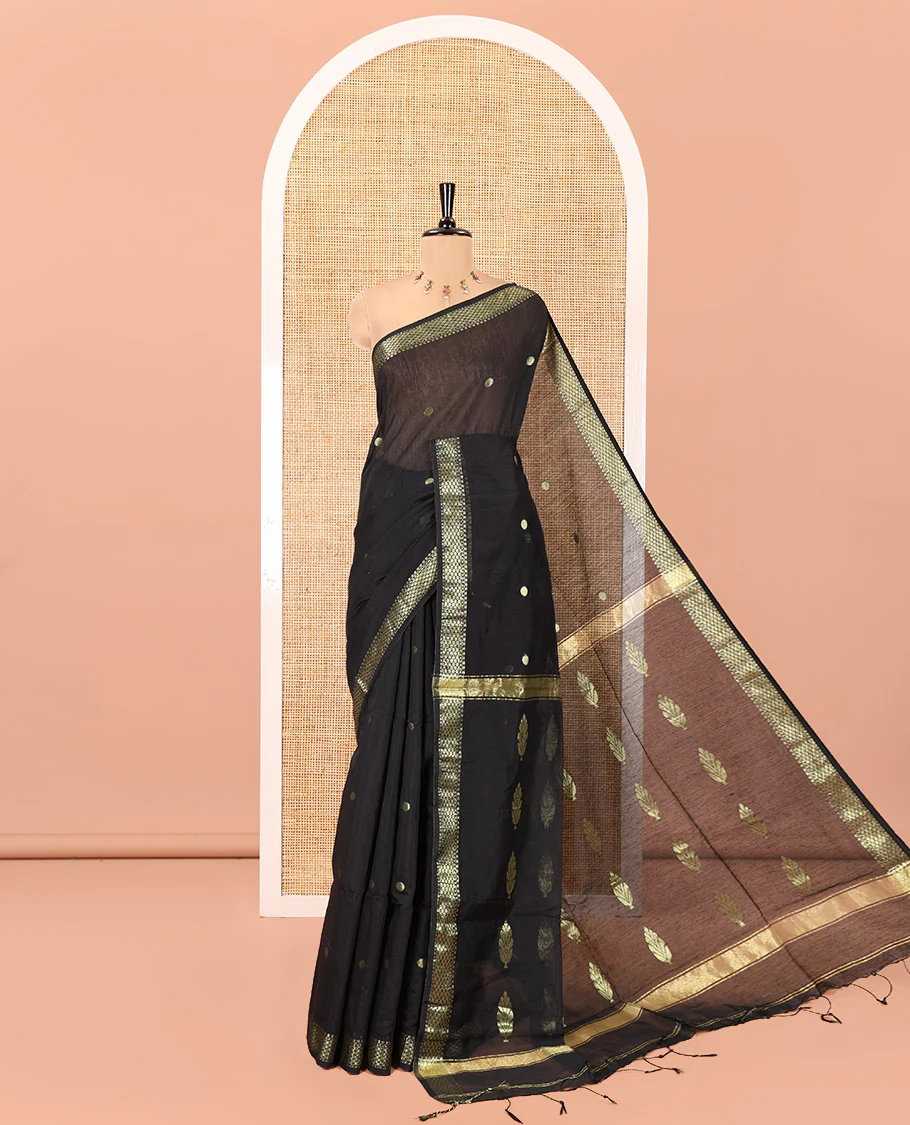 Black Maheshwari Cotton Saree,  Flower Buttas All Over Its Body, Highlighted by Zari Border, Pallu of Contrast Floral Buttas, and a Contrast Blouse