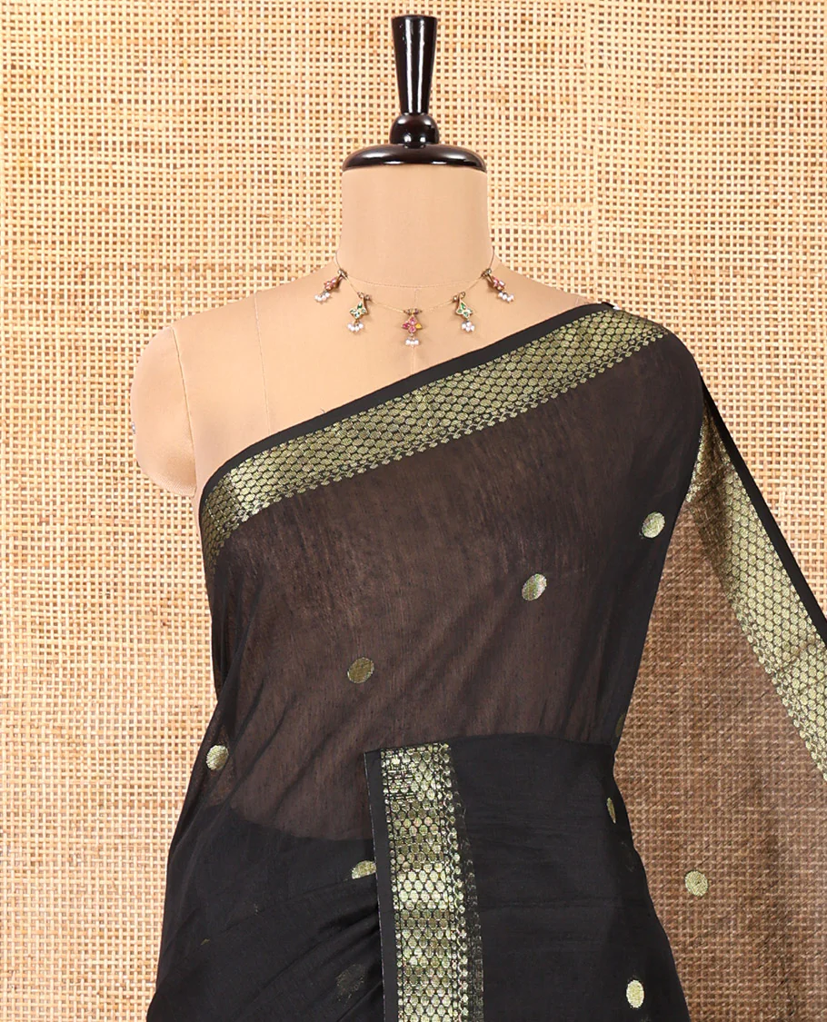 Black Maheshwari Cotton Saree,  Flower Buttas All Over Its Body, Highlighted by Zari Border, Pallu of Contrast Floral Buttas, and a Contrast Blouse - Image 2