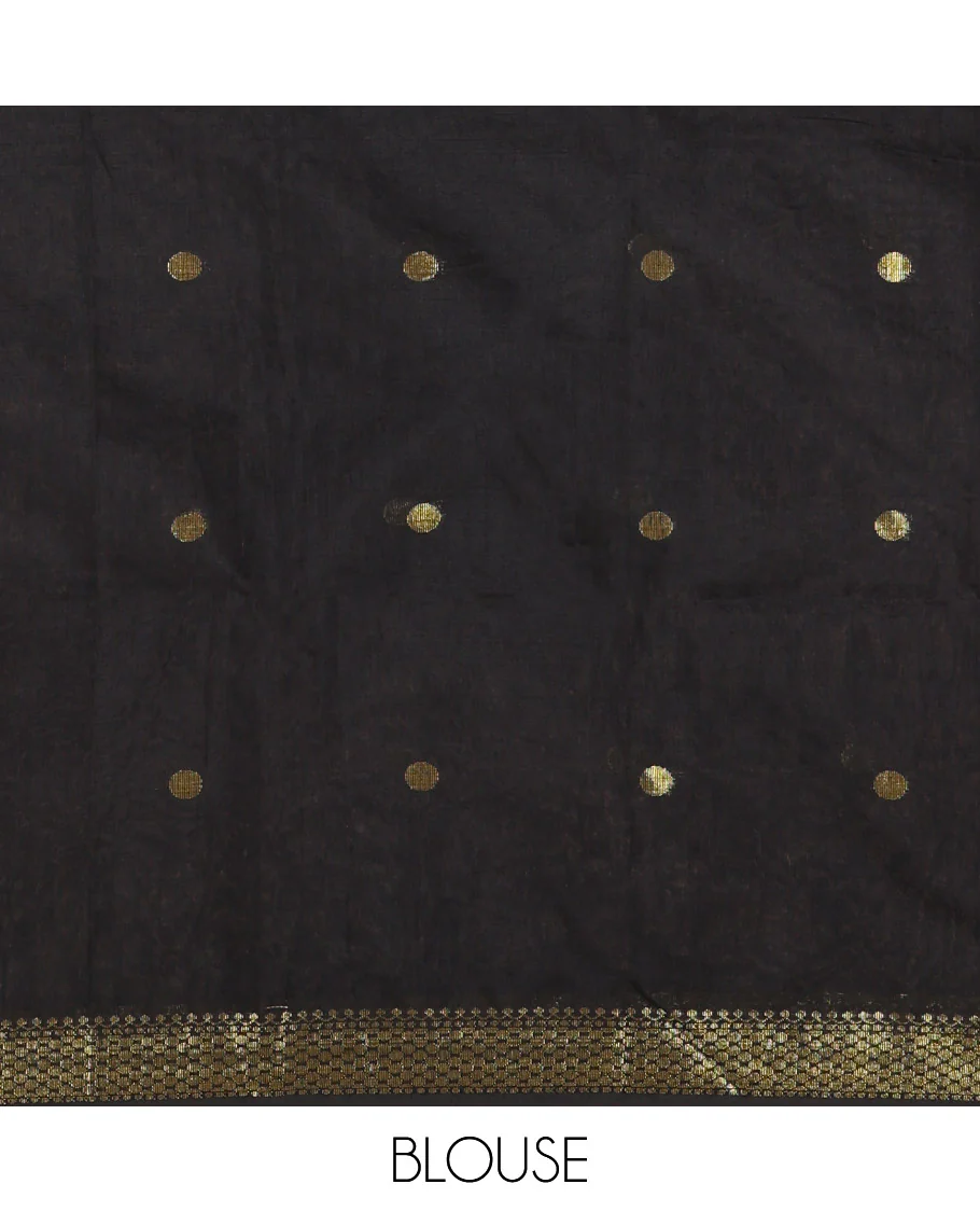 Black Maheshwari Cotton Saree,  Flower Buttas All Over Its Body, Highlighted by Zari Border, Pallu of Contrast Floral Buttas, and a Contrast Blouse - Image 3