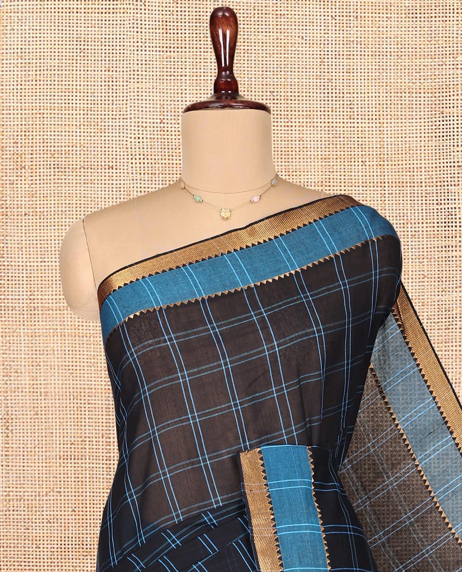 Black Mangalgiri Cotton Saree, Bedecked with Checks on Its Body, Complemented by Contrast Zari Temple Border, Zari-Striped Pallu, and Paired with a Contrast Blouse - Image 2