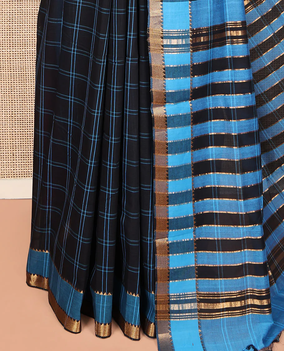 Black Mangalgiri Cotton Saree, Bedecked with Checks on Its Body, Complemented by Contrast Zari Temple Border, Zari-Striped Pallu, and Paired with a Contrast Blouse - Image 3