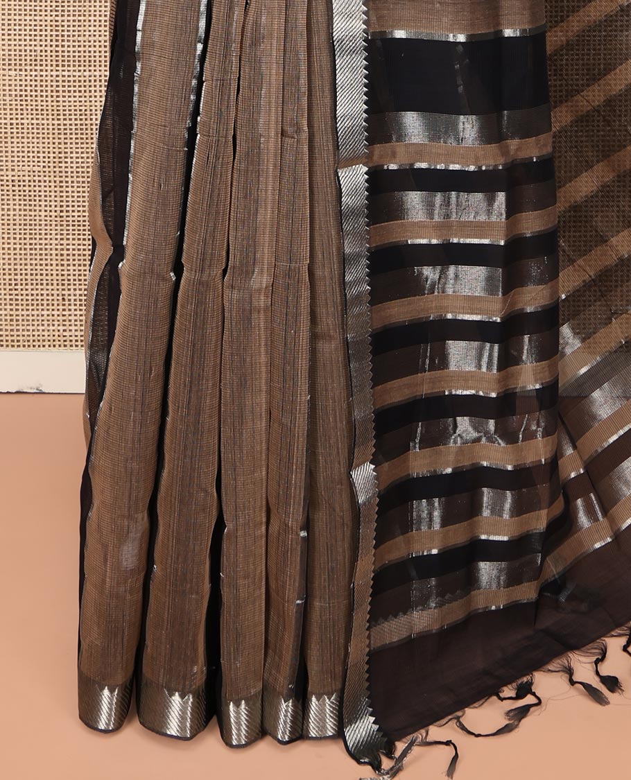 Black Mangalgiri Cotton Saree, Gleamed Up with Stripes on Its Body, Highlighted by Zari Temple Border, Zari-Striped Pallu, and Paired with a Contrast Blouse - Image 3