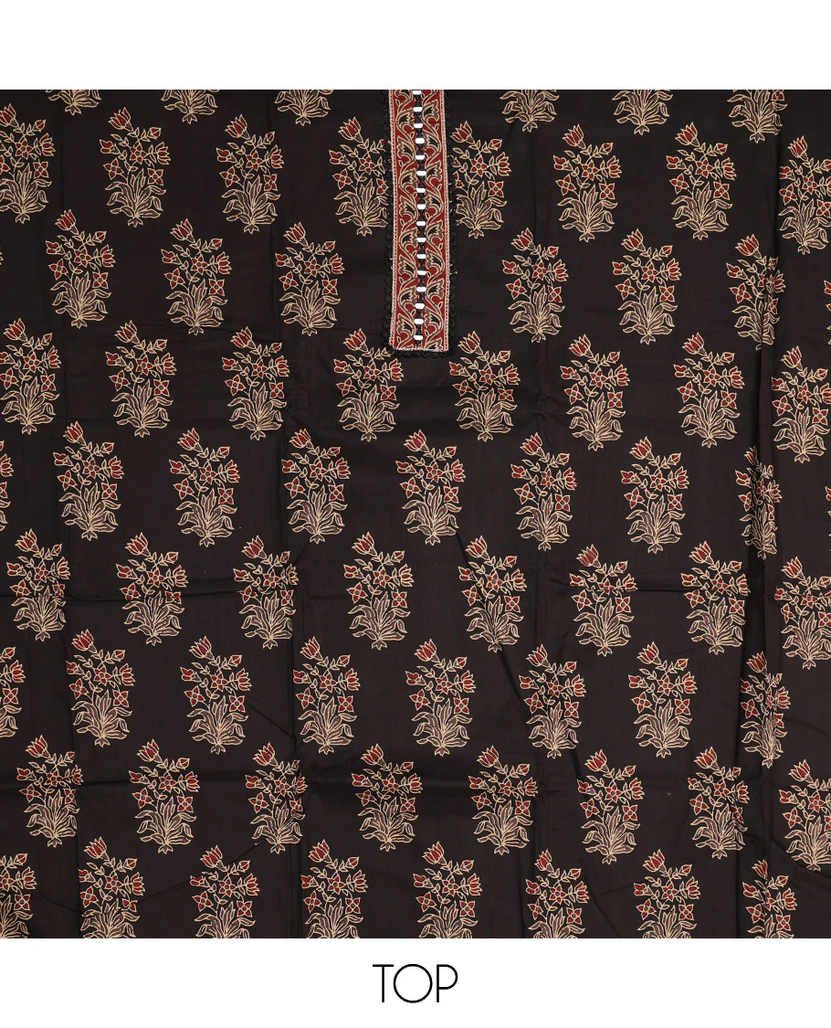 Black Material Chudidar Set, Spotlighted with Floral Printed Cotton Top, a Plain Cotton Bottom, and Paired with a Ajrakh Printed Cotton Dupatta - Image 2