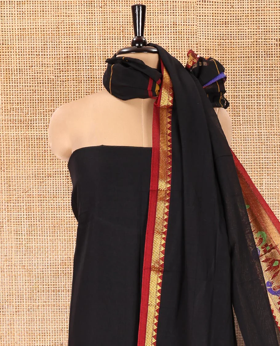 Black Mercerised Cotton Material Chudidar Set, Mesmerized with Paithani Bordered Top, a Mercerised Cotton Bottom, and Paired with a Matching Mercerised Cotton Paithani Bordered Dupatta - Image 3
