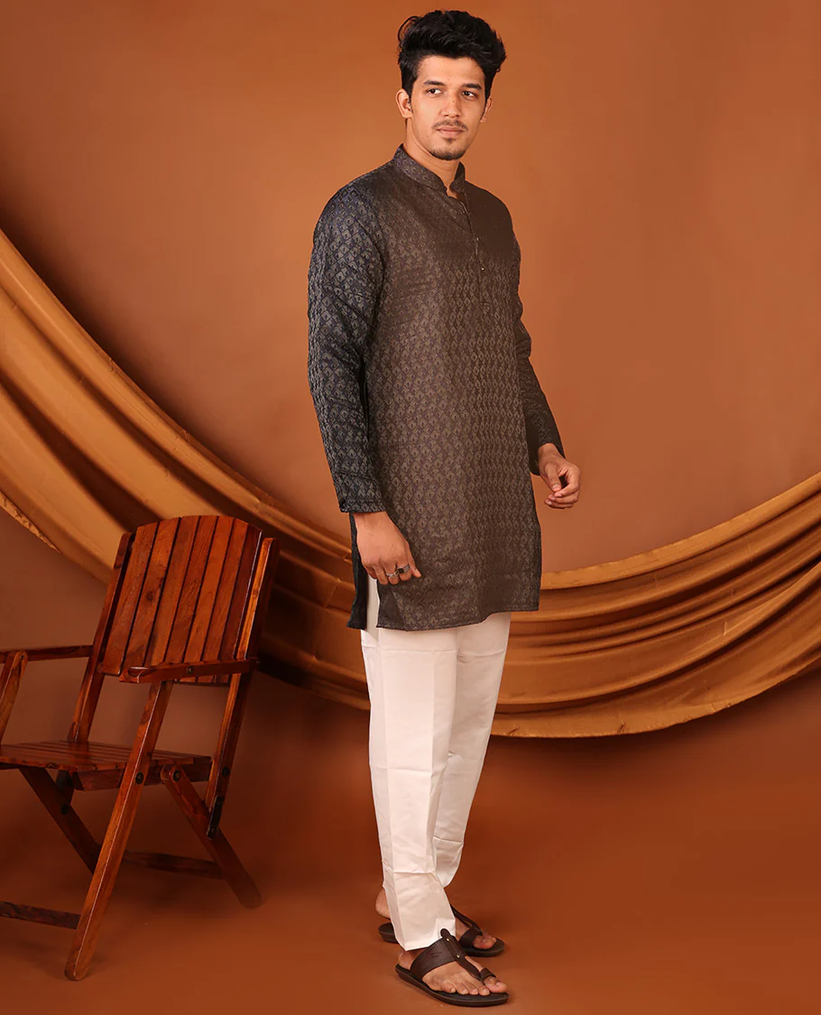 Black Mughal-Style Jaal Design Full-Sleeved Men's Kurta - Image 3