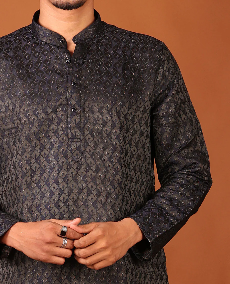 Black Mughal-Style Jaal Design Full-Sleeved Men's Kurta - Image 4