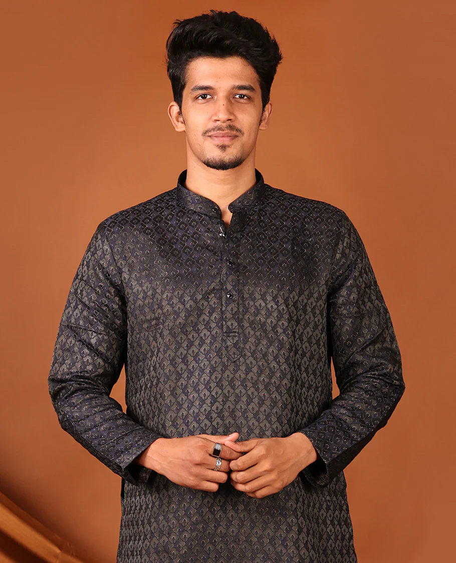 Black Mughal-Style Jaal Design Full-Sleeved Men's Kurta - Image 5