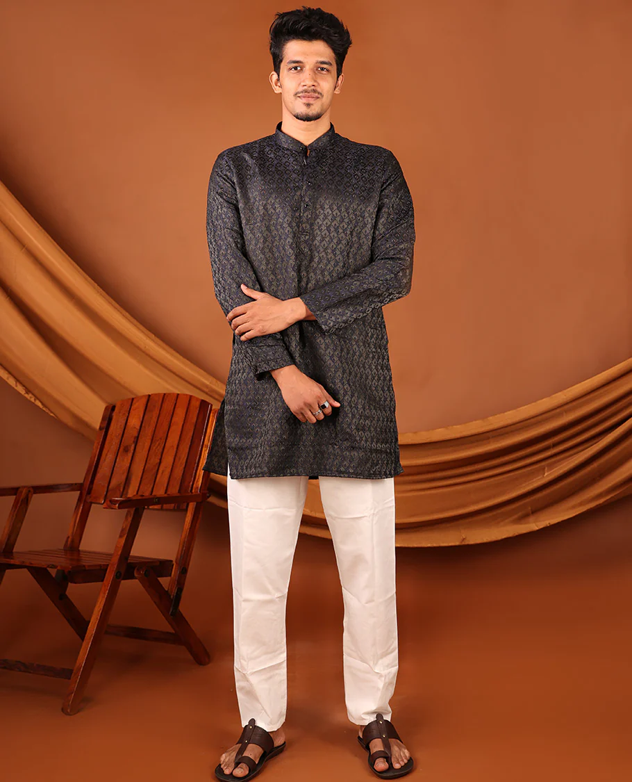 Black Mughal-Style Jaal Design Full-Sleeved Men's Kurta - Image 6