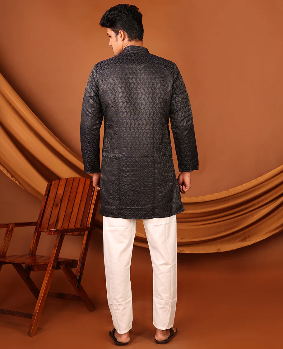 Black Mughal-Style Jaal Design Full-Sleeved Men's Kurta - Image 7