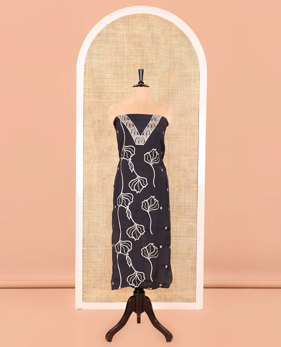 Black Mul Chanderi Material Churidar Set, Spotlighted with Flower Embroidery and Sequins Work V-Neck Top, a Plain Santoon Bottom, and Paired with a Mul Chanderi Floral Embroidered Dupatta - Image 4
