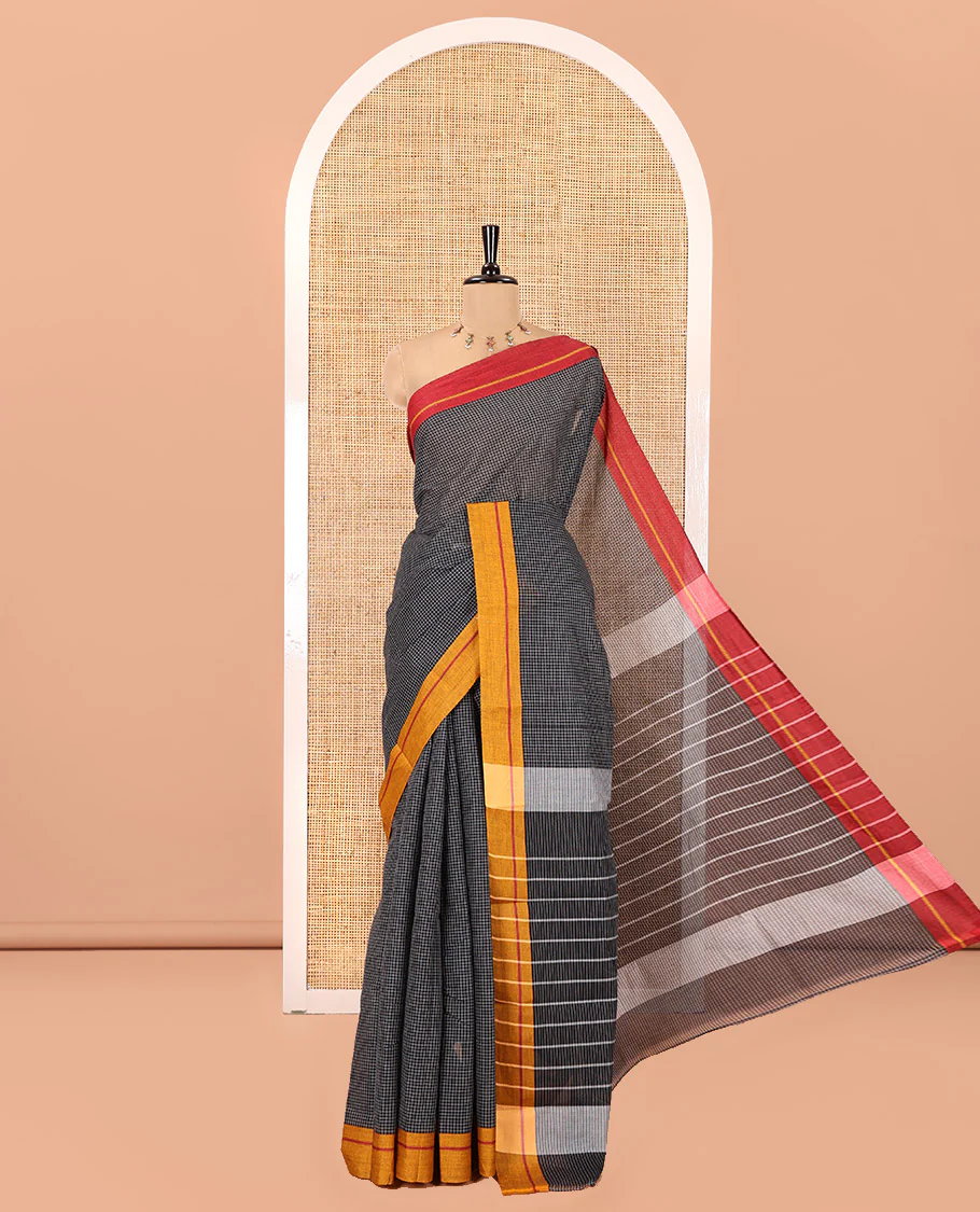 Black-Mustard-Red Chettinad Cotton Saree, Subtly Sparkled with Checks, Contrast Ganga-Jamuna Border, Striped Pallu, and No Blouse