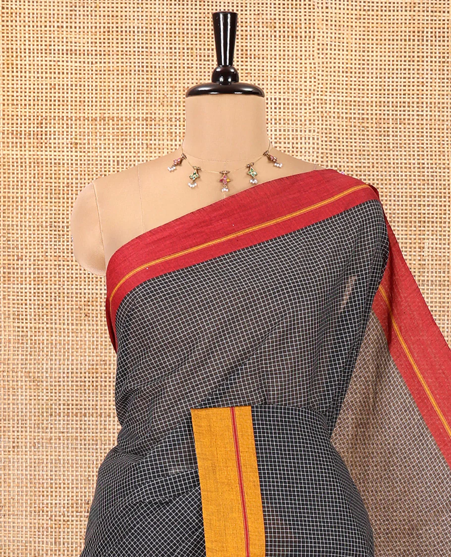Black-Mustard-Red Chettinad Cotton Saree, Subtly Sparkled with Checks, Contrast Ganga-Jamuna Border, Striped Pallu, and No Blouse - Image 2