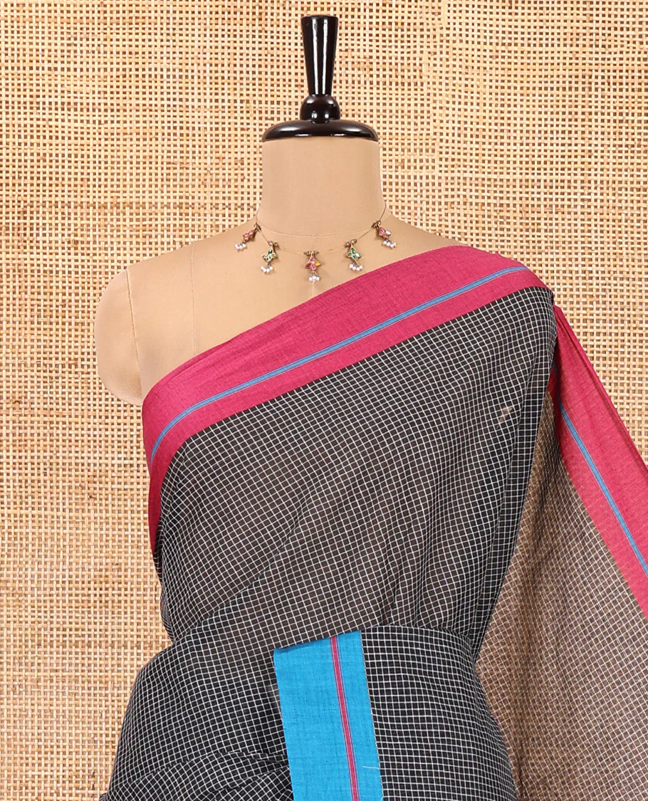 Black-Pink-Blue Chettinad Cotton Saree with Checks, Contrast Ganga-Jamuna Border, Striped Pallu, and No Blouse - Image 2