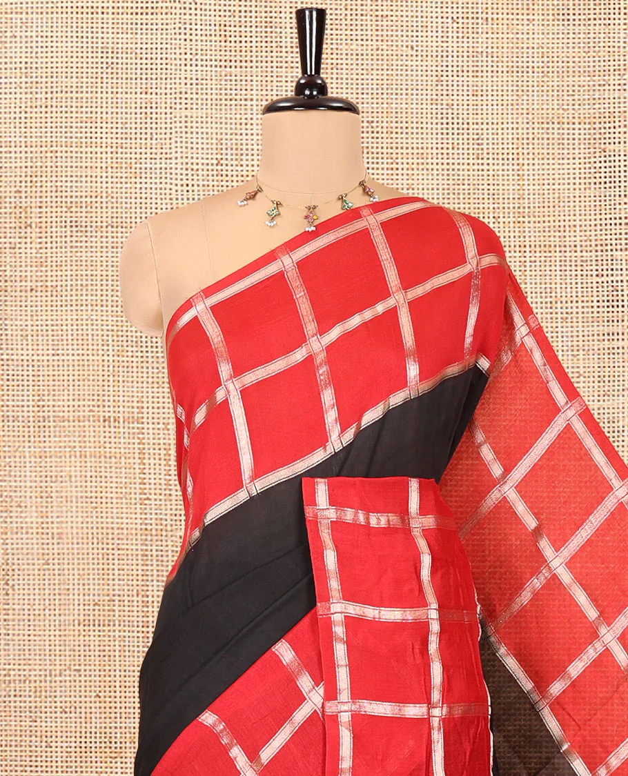 Black Plain Assam Silk Saree, Contrast Gharchola Checked Border, Gleaming Zari Striped Pallu, and Paired with a Contrast Blouse - Image 2