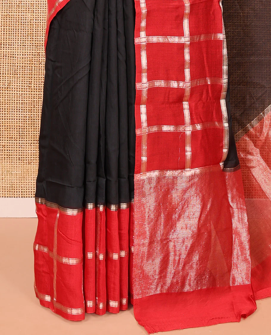 Black Plain Assam Silk Saree, Contrast Gharchola Checked Border, Gleaming Zari Striped Pallu, and Paired with a Contrast Blouse - Image 3
