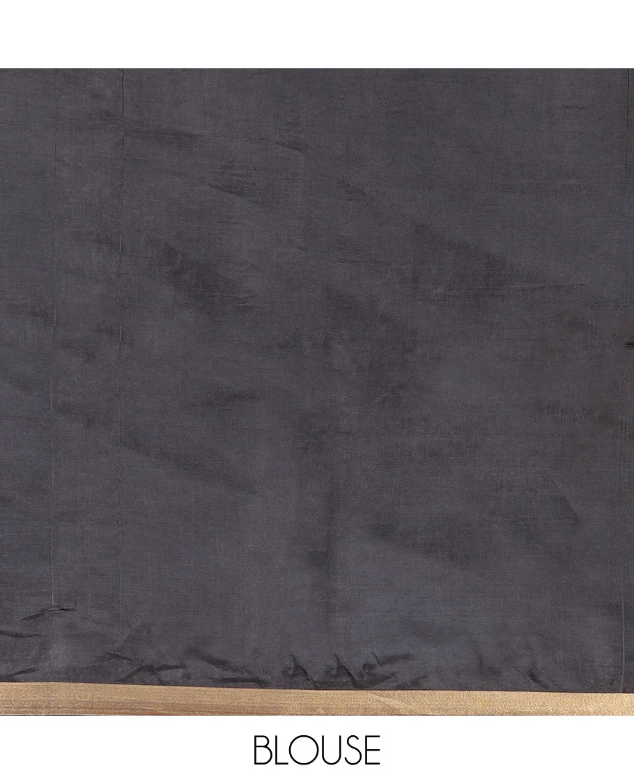 Black Plain Banana Pith Saree Subtly Sparkled with Zari Bavanji Border, Gleaming Zari Stripes Woven Pallu, and Paired with a Matching Plain Blouse - Image 5