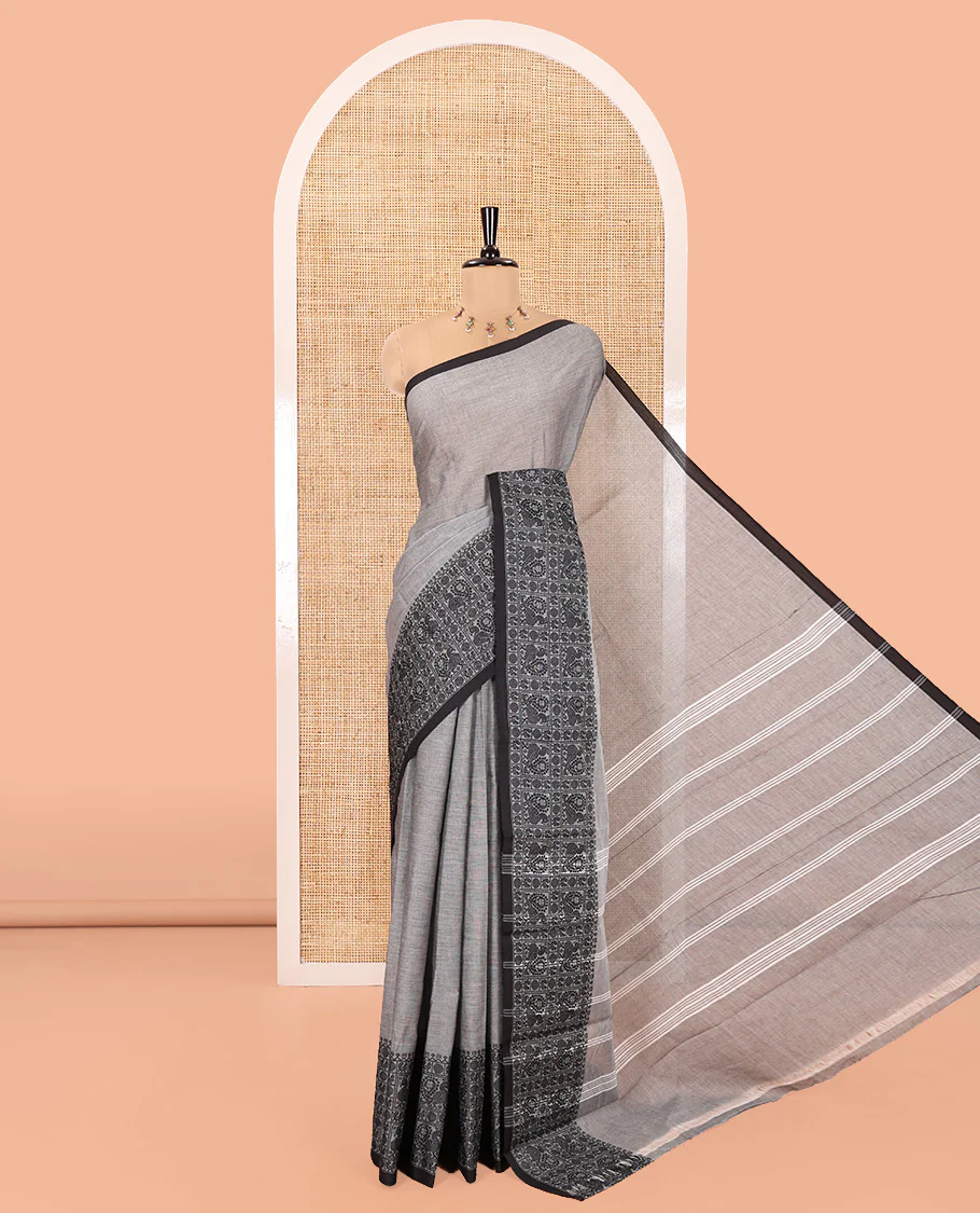Black Plain Chettinad Cotton Saree, Highlighted by Traditional Design Thread-Woven Border of Peacock Designs, Subtly Striped Pallu, and Comes Without a Blouse