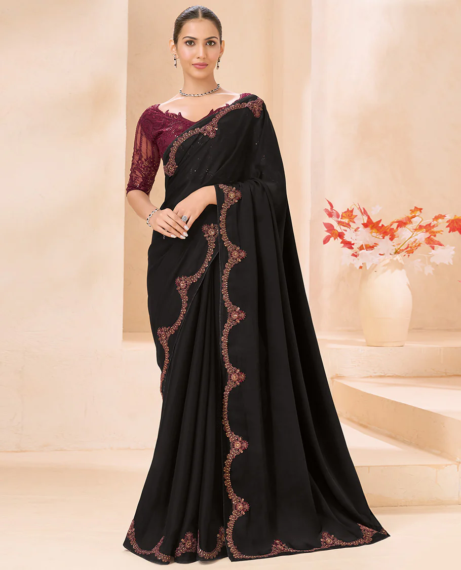 Black Plain Designer Saree, Scallop Embroidered Border, a Self-Pallu, and Paired with a Contrast Intricately Embroidered Blouse