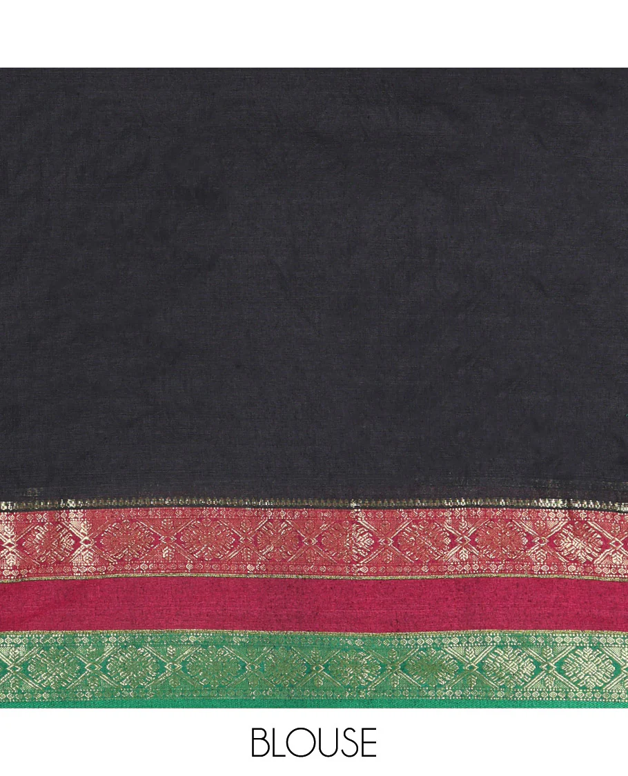 Black Plain Khadi Mul Cotton Saree, Complemented by Contrast Rettai Pettu Diamond Patterns Zari Border, Subtly Striped Pallu, and Paired with a Matching Blouse - Image 3