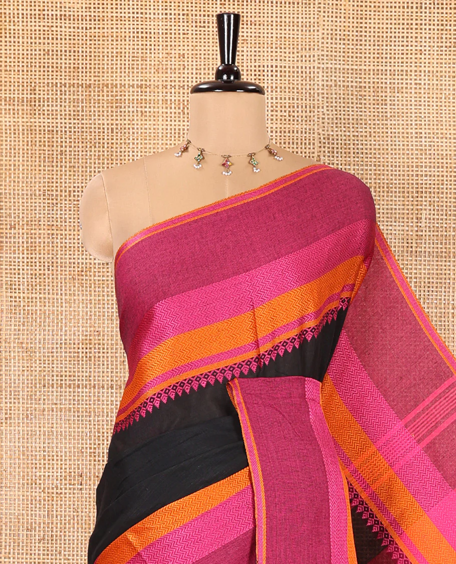 Black Plain Khadi Mul Cotton Saree, Complemented by Contrast Traditional Designs Thread Woven Border, Plain Pallu, and Paired with a Matching Blouse - Image 2