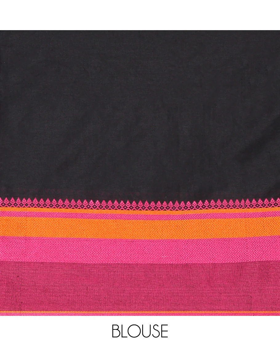 Black Plain Khadi Mul Cotton Saree, Complemented by Contrast Traditional Designs Thread Woven Border, Plain Pallu, and Paired with a Matching Blouse - Image 3