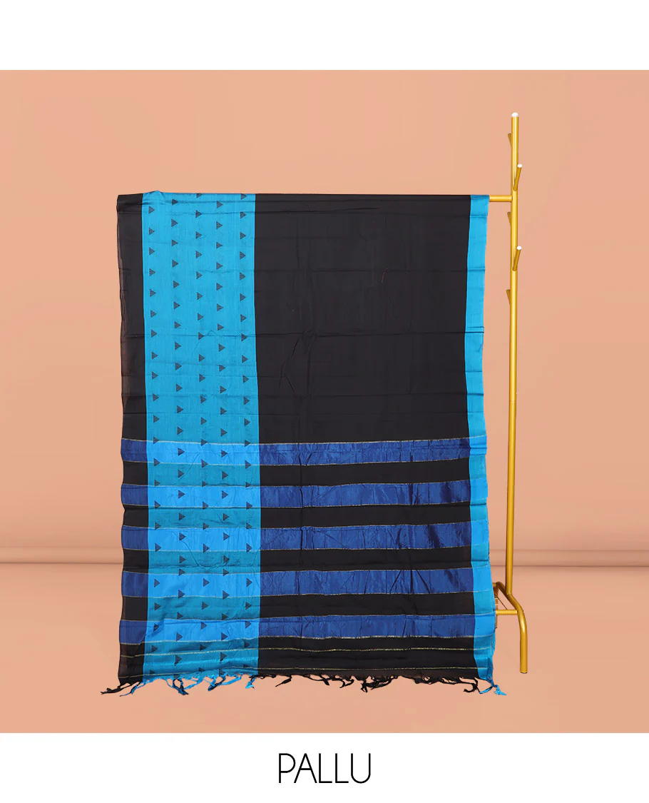 Black Plain Narayanpet Cotton Saree, Complemented by Contrast Temple Border, Striped Pallu, and Comes Without a Blouse - Image 2