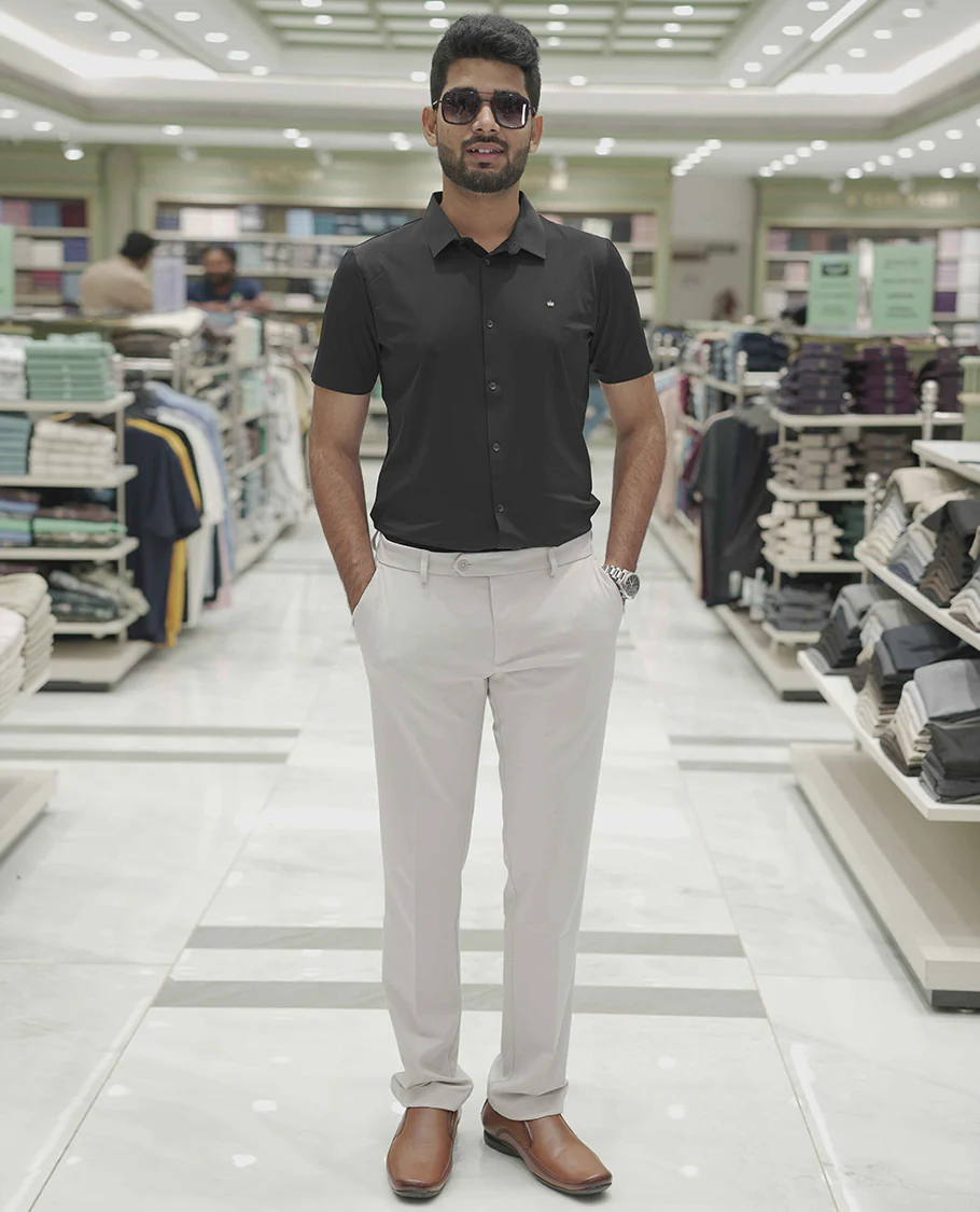 Black Plain Poly Lycra Blended Casual Shirt, Comes with a Spread Collar, Stitchless Half-Sleeves, Slim Fit, and Regular Length - Image 2