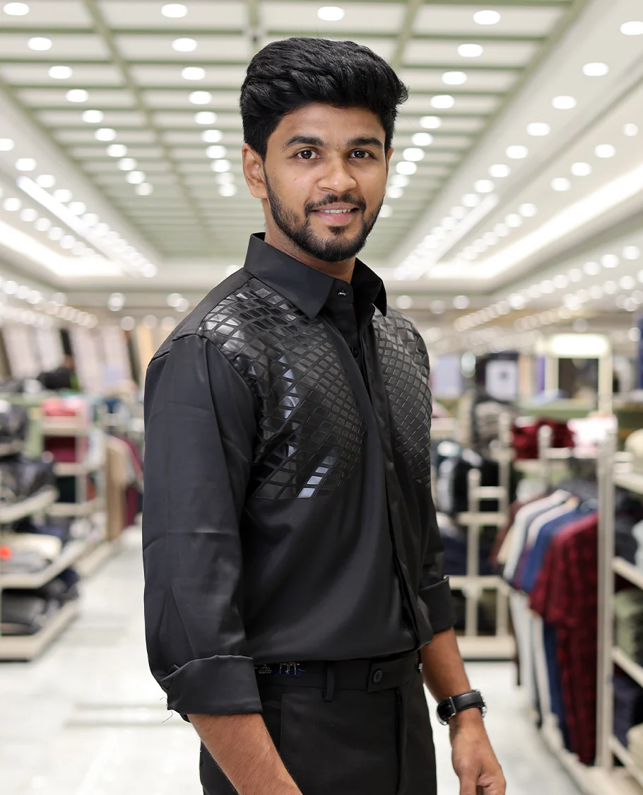 Black Poly-Blended Party Wear Shirt, Features Geometric Flock Print, Full Sleeves, Spread Collar, Slim Fit, and Regular Length - Image 3
