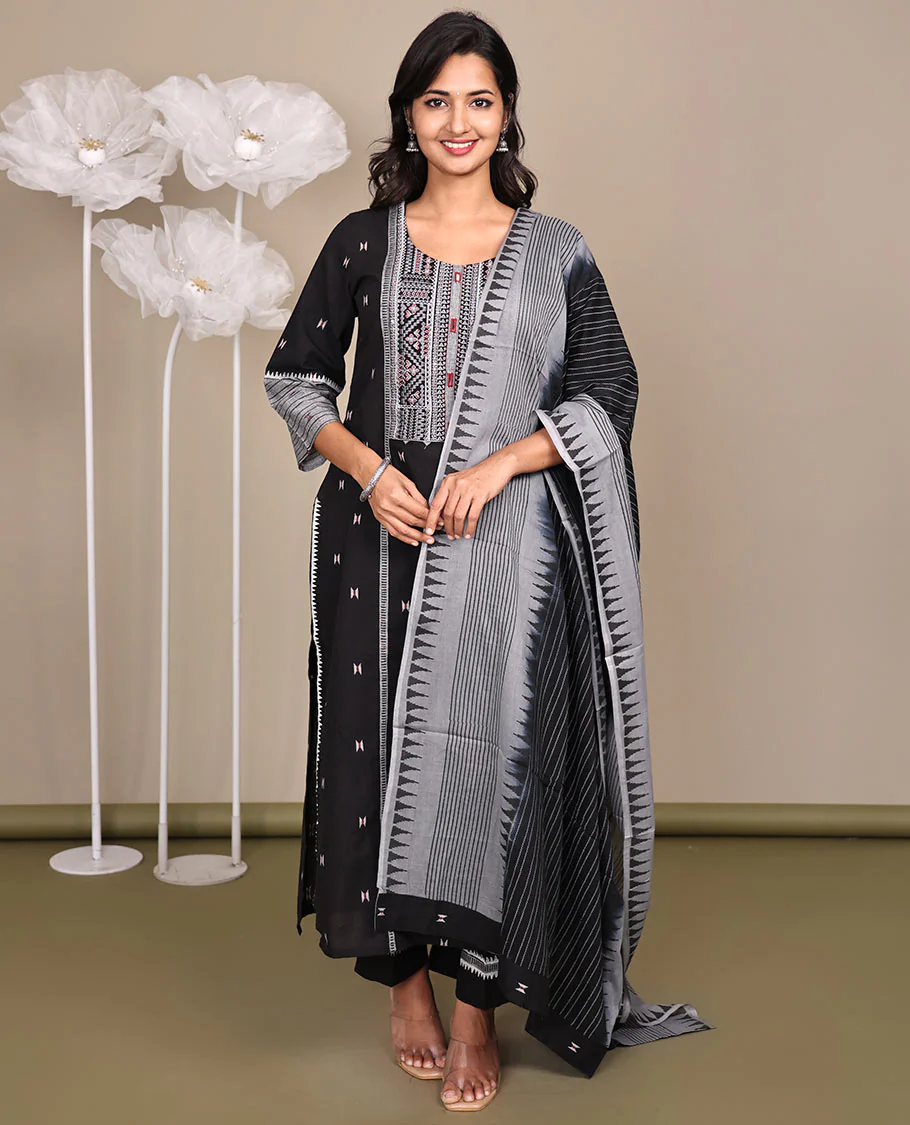 Black Ready-Made Cotton Suit, Delicately Woven with Geometric Weave, 3/4 Sleeves, and a Straight-Cut Top, Paired with Straight-Cut Pants and a Contrast Temple and Striped Dupatta