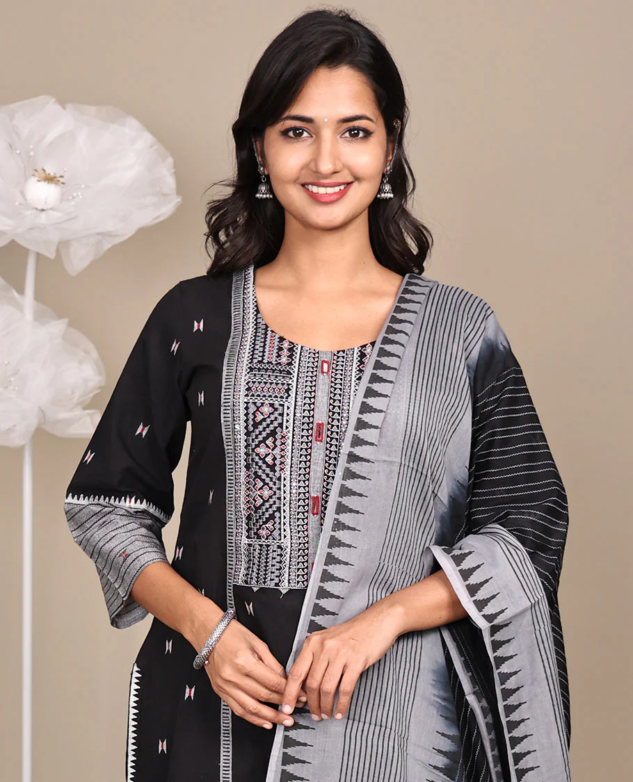 Black Ready-Made Cotton Suit, Delicately Woven with Geometric Weave, 3/4 Sleeves, and a Straight-Cut Top, Paired with Straight-Cut Pants and a Contrast Temple and Striped Dupatta - Image 2
