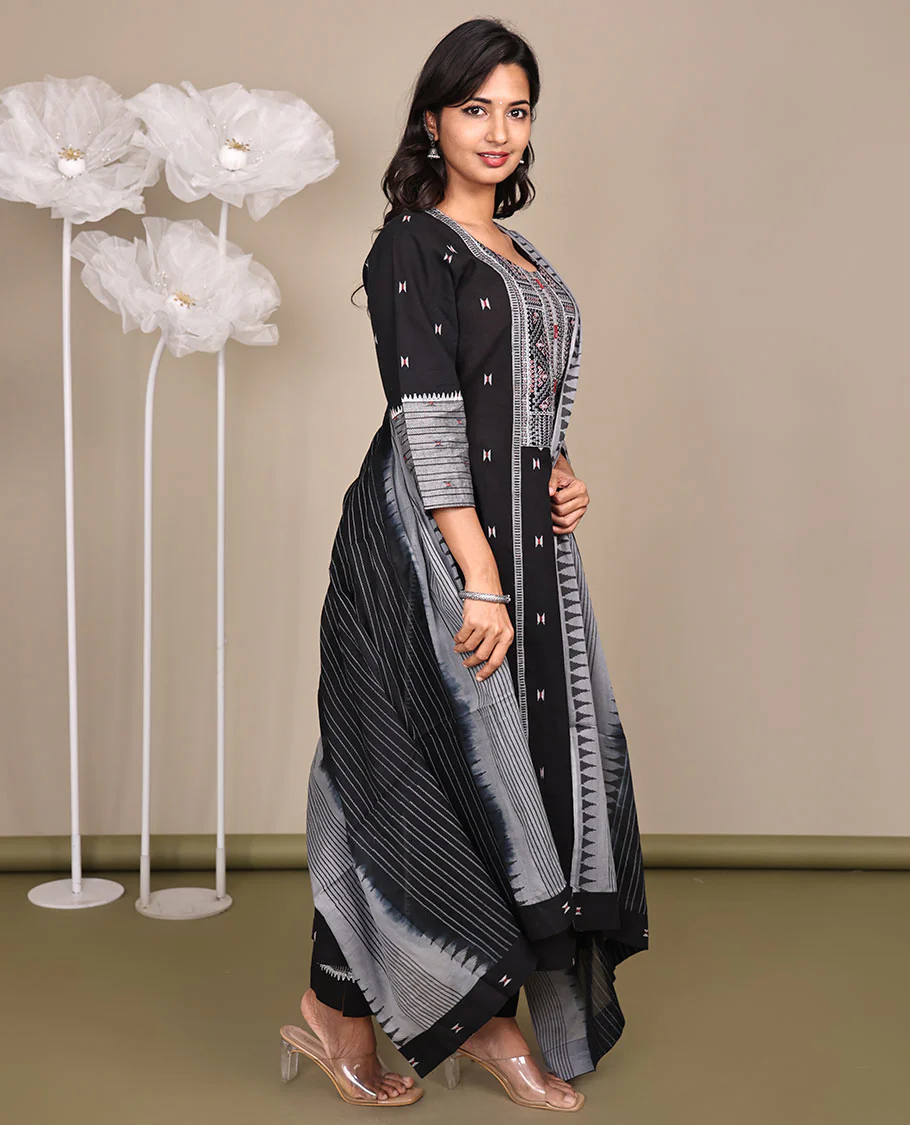 Black Ready-Made Cotton Suit, Delicately Woven with Geometric Weave, 3/4 Sleeves, and a Straight-Cut Top, Paired with Straight-Cut Pants and a Contrast Temple and Striped Dupatta - Image 5