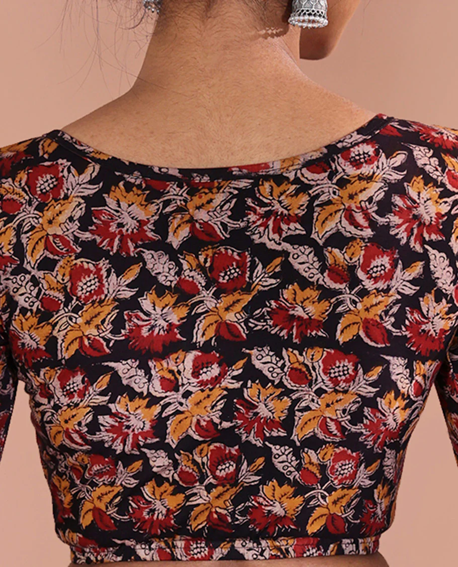 Black Readymade Blouse Artfully Detailed with Floral Motifs Print, Featuring Front Round Neck, Back Boat Neck, and Half-Sleeves - Image 3