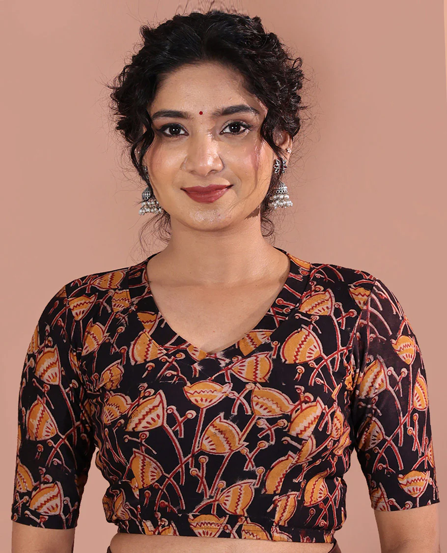 Black Readymade Blouse Beautified with Pichwai Lotus Motifs Print, Featuring Front Leaf-Neck, Back Closed Neck, and Half-Sleeves