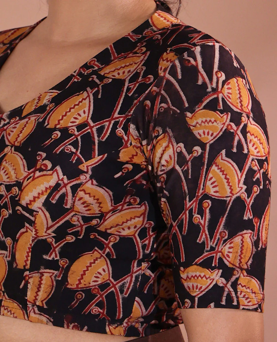 Black Readymade Blouse Beautified with Pichwai Lotus Motifs Print, Featuring Front Leaf-Neck, Back Closed Neck, and Half-Sleeves - Image 2