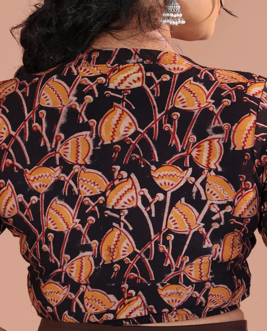 Black Readymade Blouse Beautified with Pichwai Lotus Motifs Print, Featuring Front Leaf-Neck, Back Closed Neck, and Half-Sleeves - Image 3