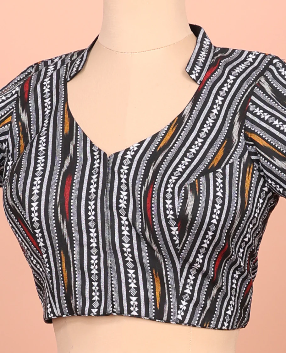 Black Readymade Blouse Featuring Geometric Patterns, a Front Leaf-Neck, Back Collared-Neck, and Elbow Sleeves - Image 2