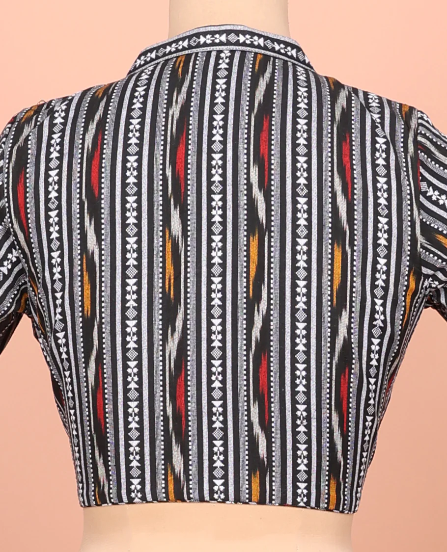 Black Readymade Blouse Featuring Geometric Patterns, a Front Leaf-Neck, Back Collared-Neck, and Elbow Sleeves - Image 4