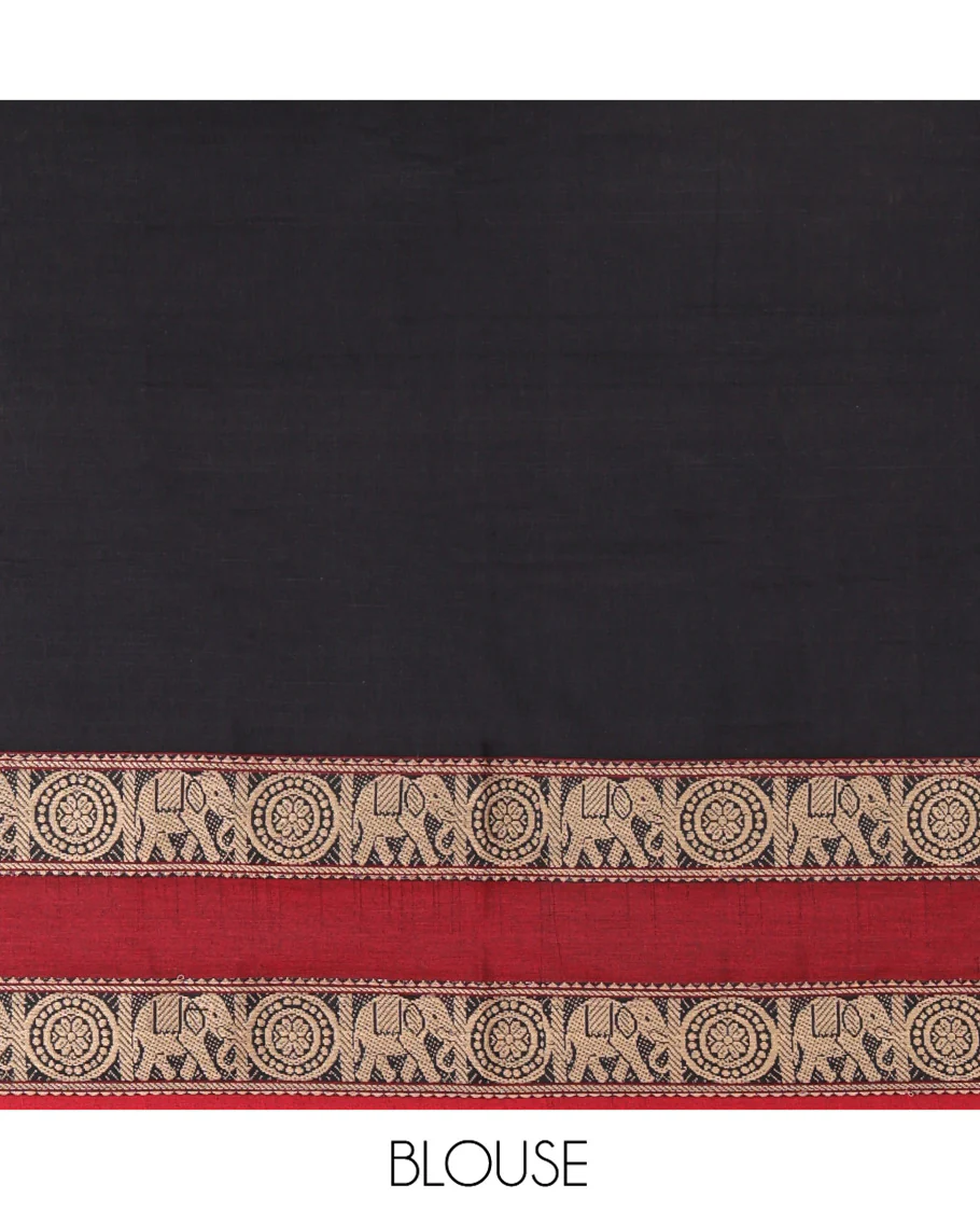 Black-Red Mercerised Cotton Half-Saree Features Plain with Contrast Rettai Pettu Elephant-Chakram Bordered Skirt, Paired with a Matching Blouse, and Comes with a Contrast Elephant-Chakram-Bordered Dhavani - Image 4