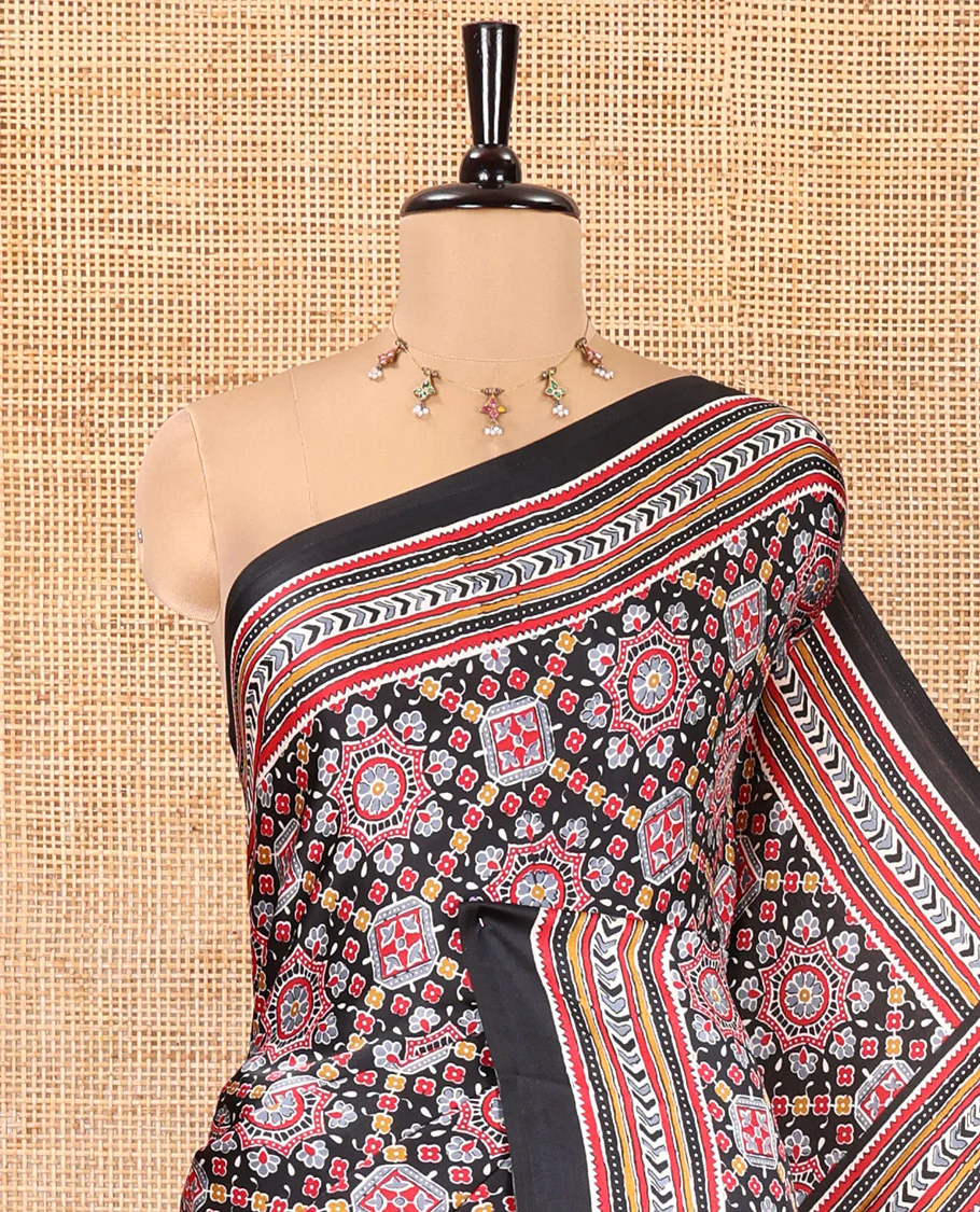 Black Satin Crepe Saree, Accentuated with Intricately Ajrakh Print All Over Its Body, a Self-Border, Ajrakh Printed Pallu, and Paired with a Matching Blouse - Image 2
