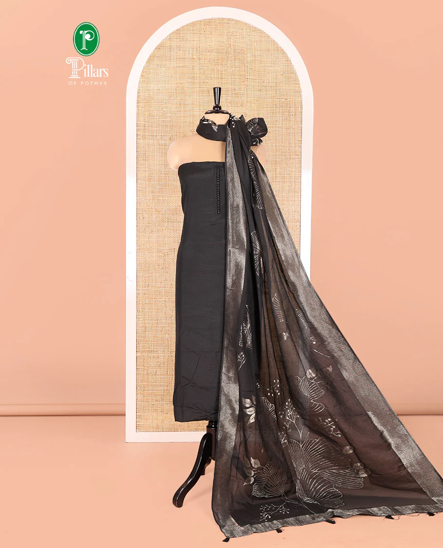 Black Semi-Silk Material Chudidar Set, Adorned with Pom-Pom Necklined Top, a Plain Santoon Bottom, and Paired Floral Zari Woven Semi-Silk Dupatta
