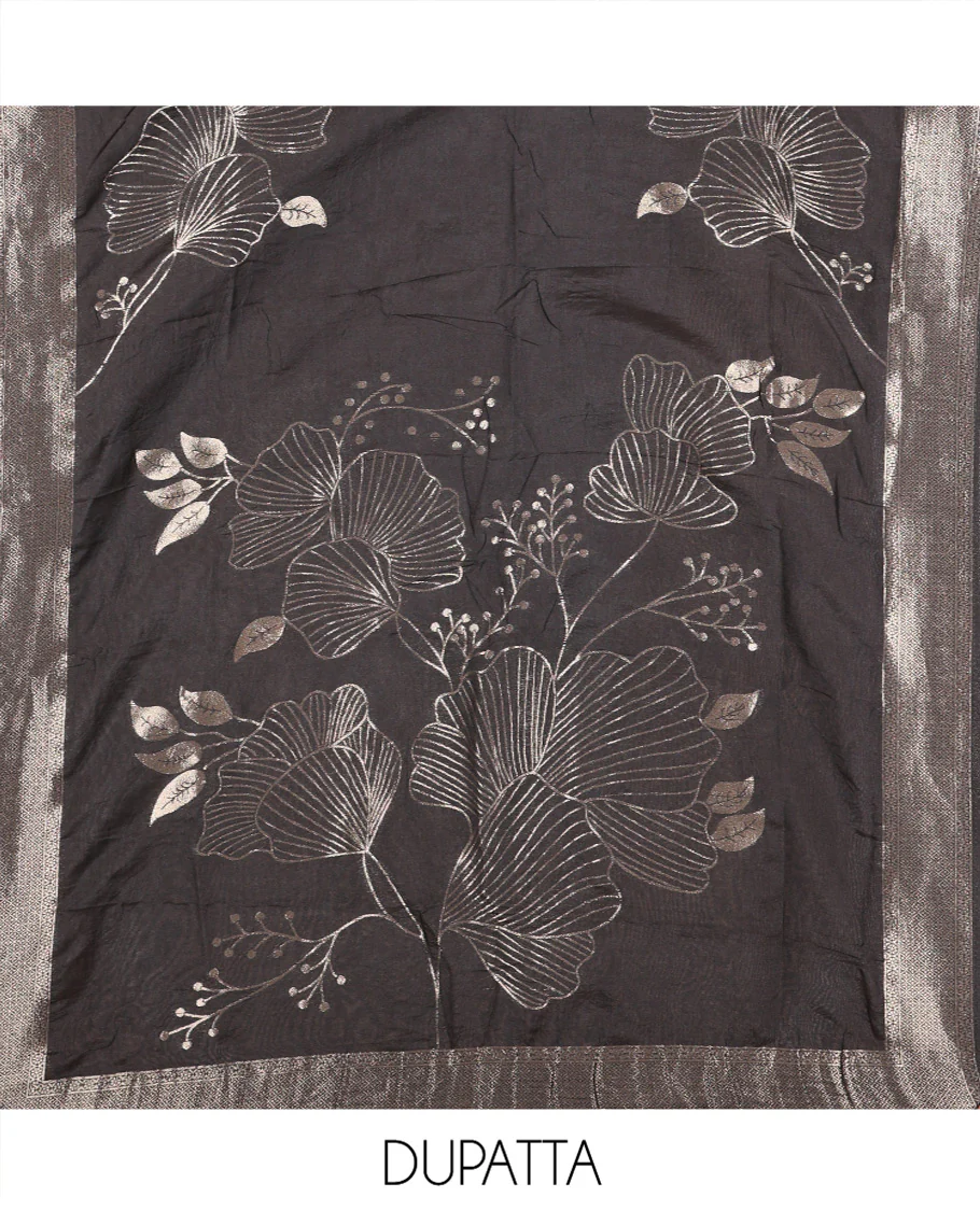 Black Semi-Silk Material Chudidar Set, Adorned with Pom-Pom Necklined Top, a Plain Santoon Bottom, and Paired Floral Zari Woven Semi-Silk Dupatta - Image 2
