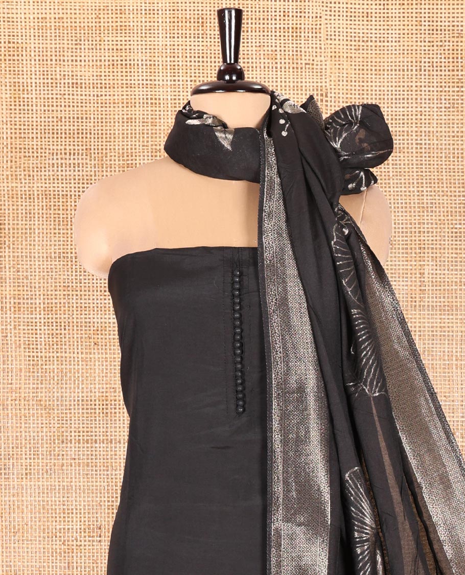 Black Semi-Silk Material Chudidar Set, Adorned with Pom-Pom Necklined Top, a Plain Santoon Bottom, and Paired Floral Zari Woven Semi-Silk Dupatta - Image 3
