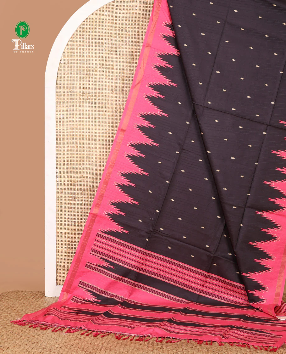Black small butta design kathan silk saree with contrast temple border & striped, temple design pallu along with striped blouse - Image 2