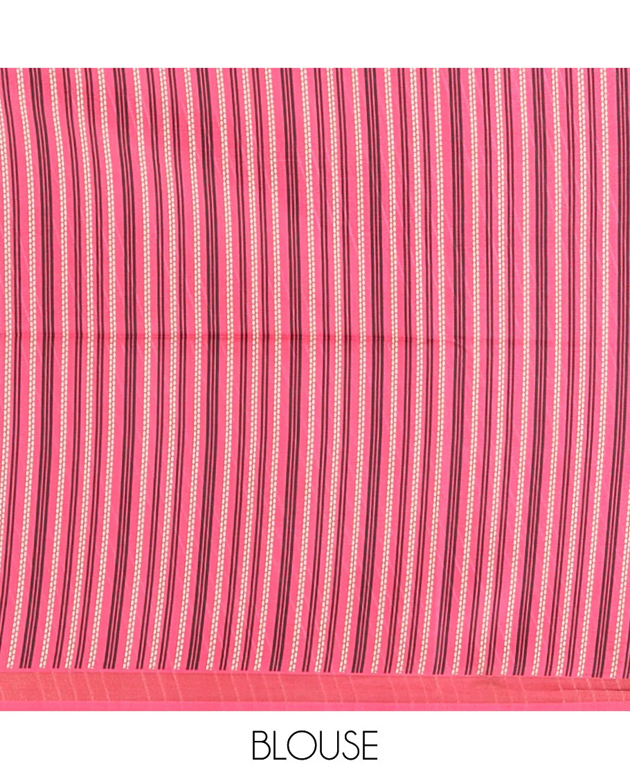 Black small butta design kathan silk saree with contrast temple border & striped, temple design pallu along with striped blouse - Image 3