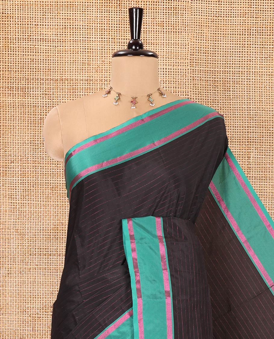 Black Soft Silk Saree, Subtly Sparkled with Stripes All Over Its Body, Complemented by a Contrast Zari Striped Border, Pallu of Stripes, and Paired with a Matching Blouse - Image 2