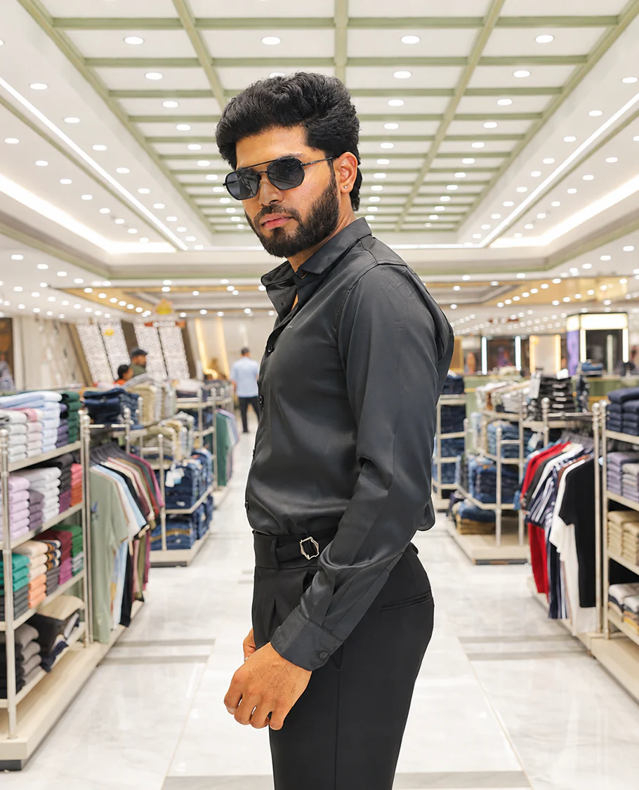 Black Solid Satin Formal Shirt, Featuring a Spread Collar, Full Sleeves, Slim Fit, and Regular Length - Image 3