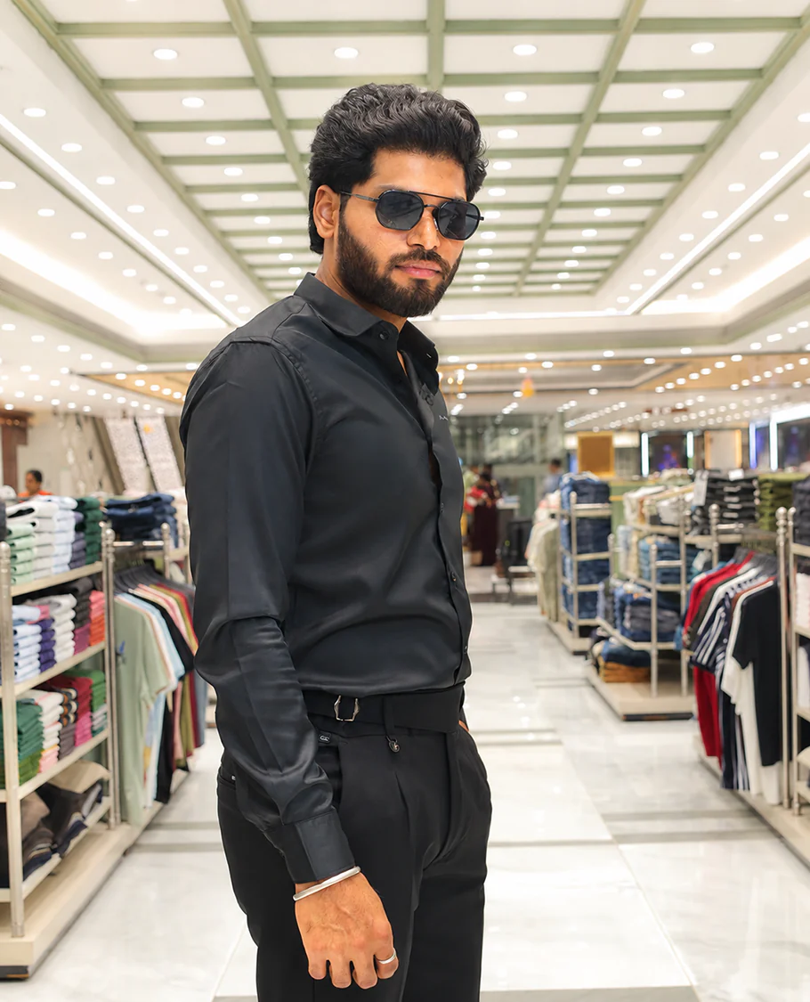 Black Solid Satin Formal Shirt, Featuring a Spread Collar, Full Sleeves, Slim Fit, and Regular Length - Image 4