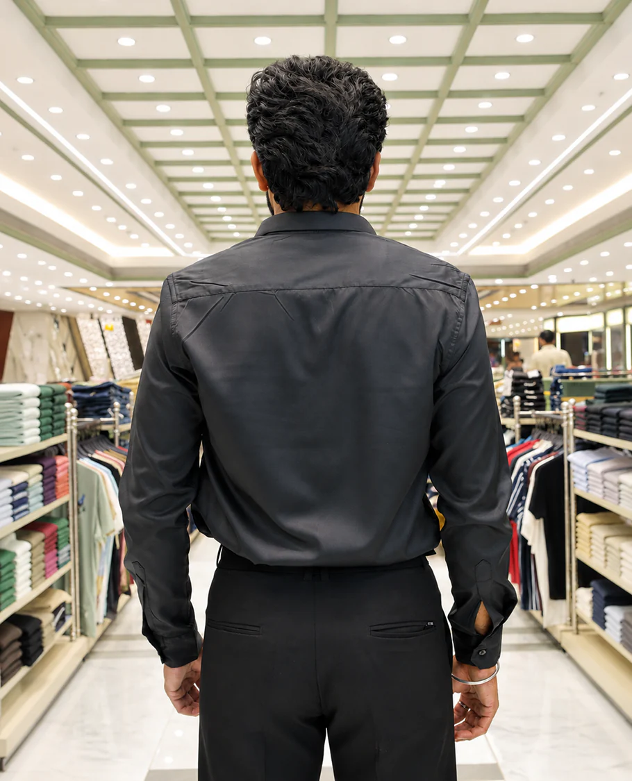 Black Solid Satin Formal Shirt, Featuring a Spread Collar, Full Sleeves, Slim Fit, and Regular Length - Image 5